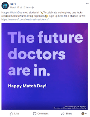 Anuncio de Facebook de las páginas de destino posteriores al clic de SoFi