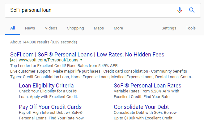 Páginas de destino post-clic de SoFi AdWords