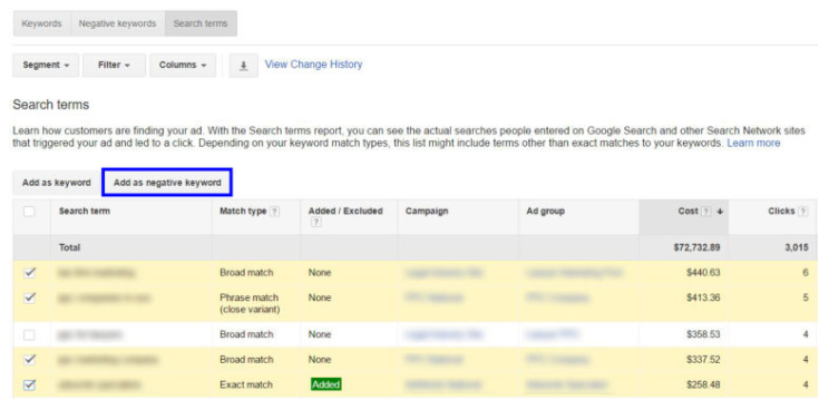 تقرير عبارات البحث عن الكلمات الرئيسية السلبية
