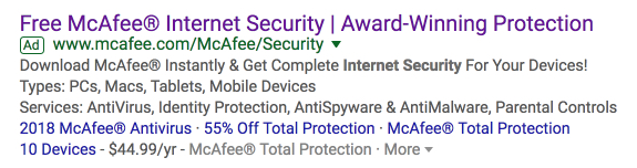 безопасность целевых страниц после клика McAfee ad