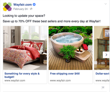 Carosello di annunci di Facebook Wayfair