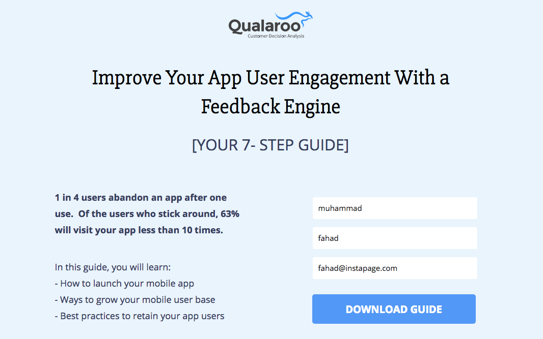 Un ejemplo de la página de destino posterior al clic de Qualaroo