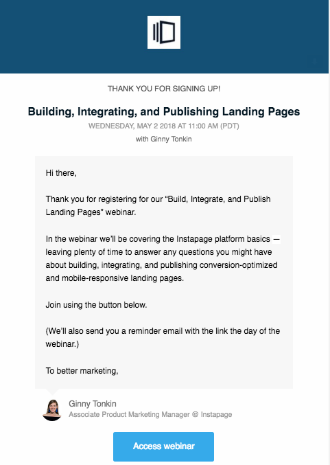 La captura de pantalla muestra un correo electrónico de agradecimiento que reciben los visitantes después de registrarse en el seminario web