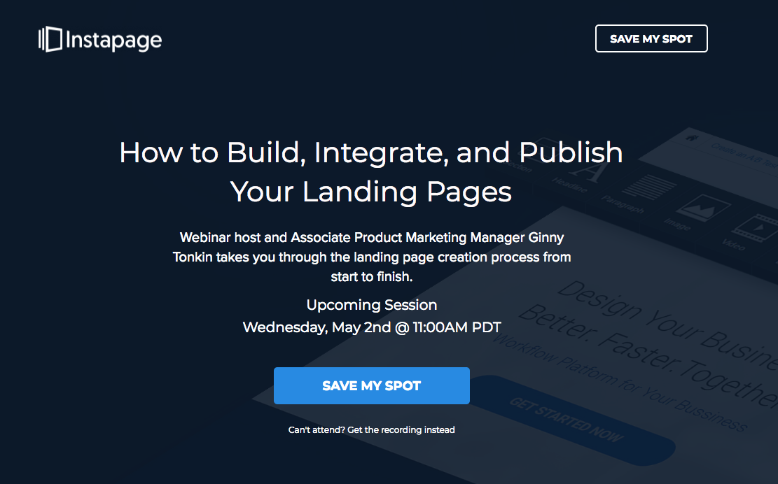 Página de inicio de clic de publicación del seminario web de Instapage
