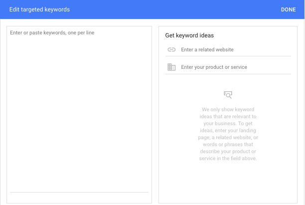 La captura de pantalla muestra dónde insertar palabras clave en su campaña de marketing.