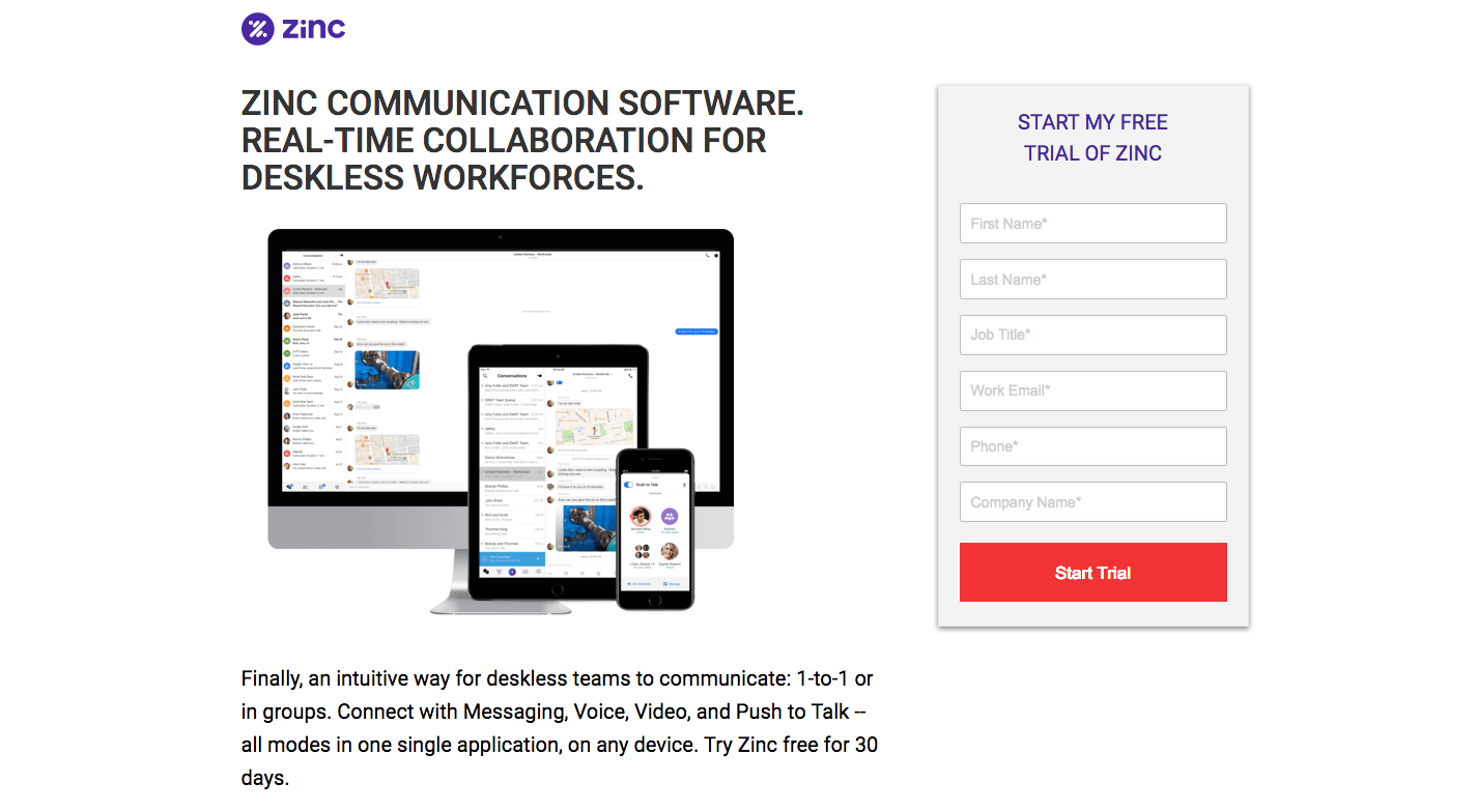 La captura de pantalla muestra el botón de llamada a la acción de Zinc en la página de destino posterior al clic
