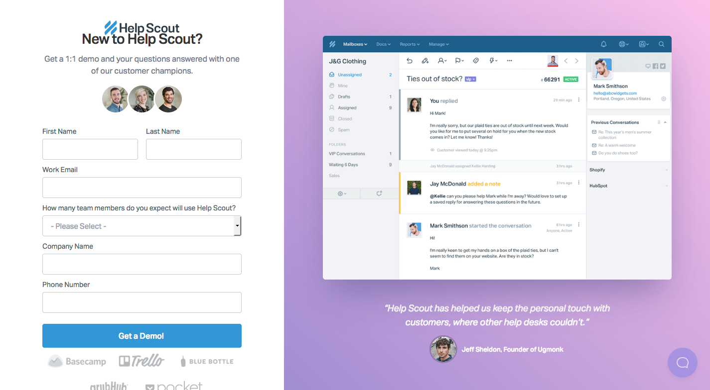 Ejemplo de página de destino posterior al clic de HelpScout