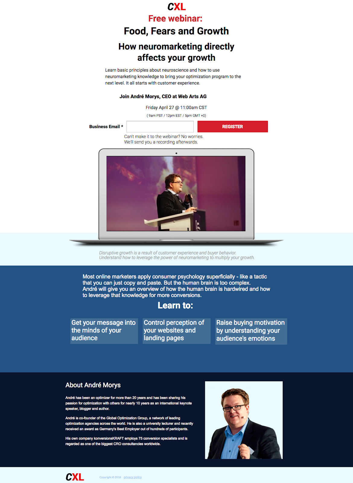 La captura de pantalla muestra un ejemplo de la página de inicio del clic posterior al seminario web de CXL