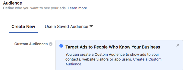 La captura de pantalla muestra cómo crear una audiencia personalizada