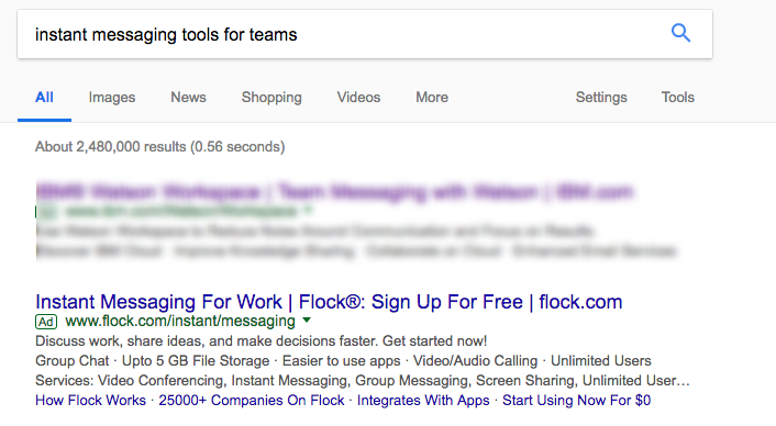 Resultado del motor de búsqueda de Google para herramientas de mensajería instantánea