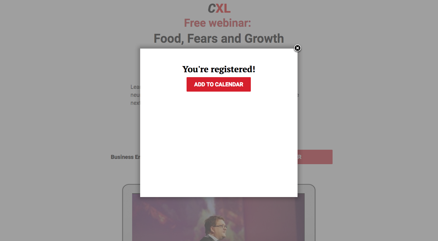 El visitante de la página de destino posterior al clic ve después de hacer clic en el botón Registrar CTA
