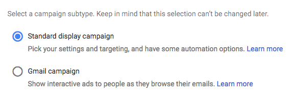 selecionar subtipo de campanha no Google Ads
