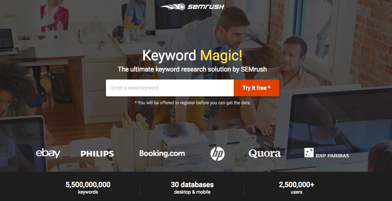 SEMrush página de destino pós-clique conectada ao anúncio gráfico