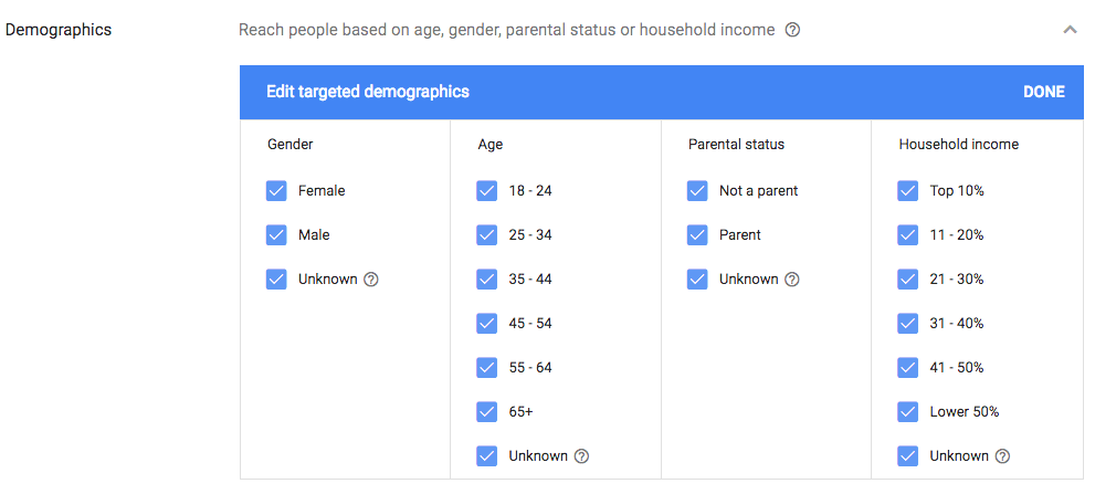 selecione a segmentação demográfica na campanha de publicidade gráfica do Google Ads