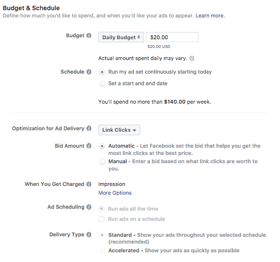 Captura de tela mostrando como definir um orçamento e programação do Facebook no Gerenciador de anúncios