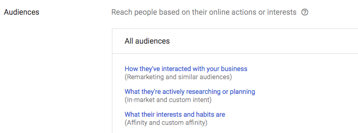 selecione a segmentação por público-alvo na campanha de publicidade gráfica do Google Ads