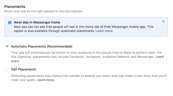 posicionamentos de anúncios para exibir publicidade em anúncios do Facebook