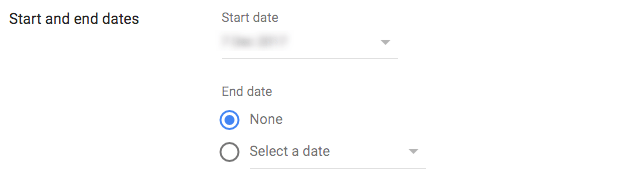 selecione as datas de início e término na campanha de publicidade gráfica do Google Ads