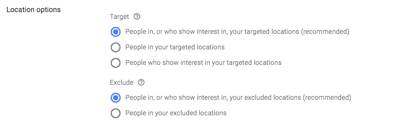 selecionar opções de localização para a campanha de publicidade gráfica do Google Ads