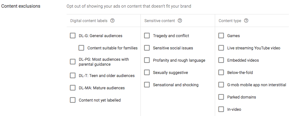 selecionar exclusões de conteúdo na campanha de publicidade gráfica do Google Ads
