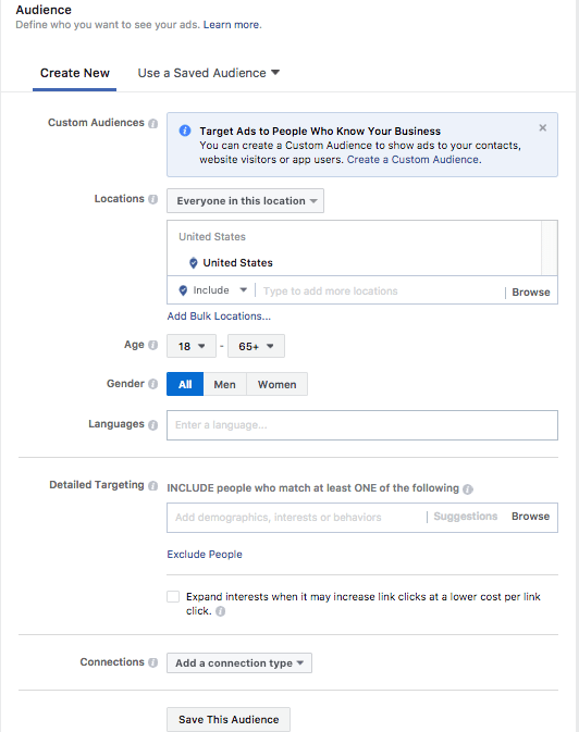 As etapas de criação de um novo público do Facebook são mostradas nesta captura de tela