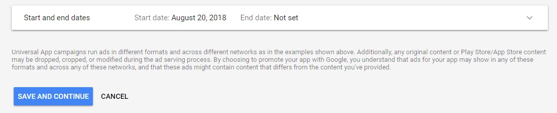 data de término das campanhas universais para apps