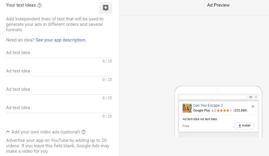 ideias de texto para campanhas universais para apps