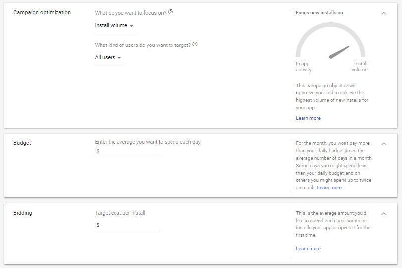 orçamento de campanhas universais para apps