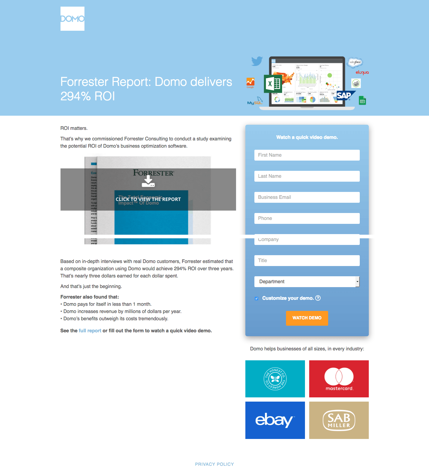 Domo post-click landing page Message Match Ad Copy