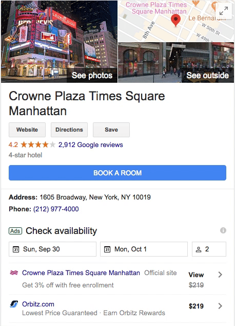 Contoh tampilan Iklan Hotel Google di hasil penelusuran