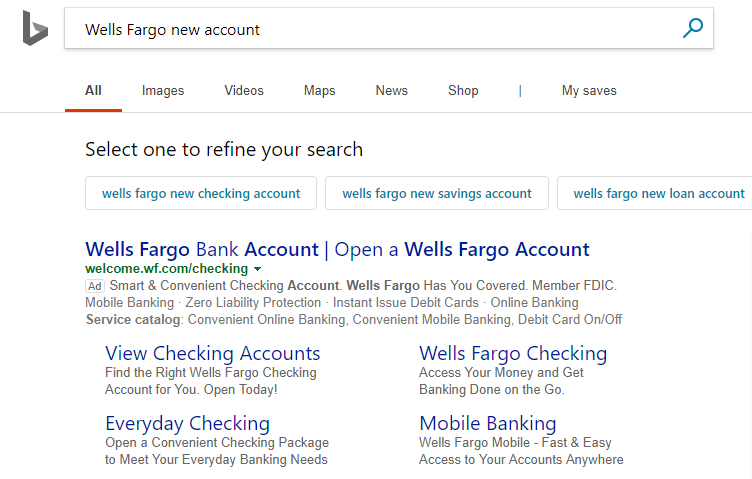Целевая страница после клика Wells Fargo, поисковая реклама Bing
