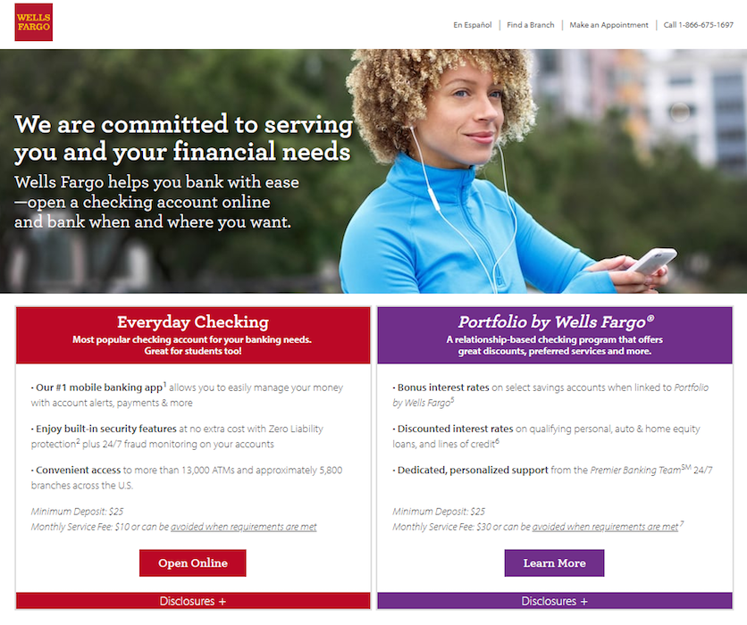 Целевая страница после клика Wells Fargo новая учетная запись