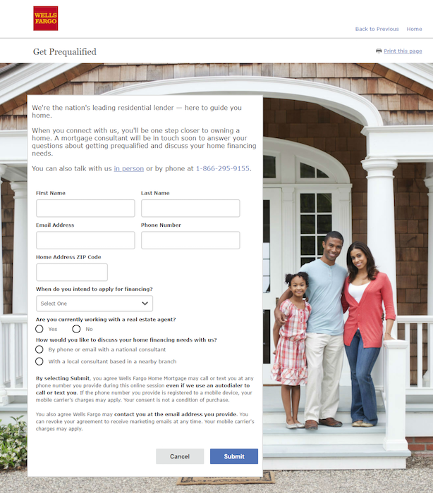 Предварительный квалификационный отбор на ипотеку после перехода на посадочную страницу Wells Fargo