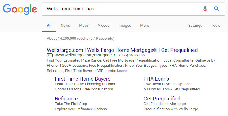 Поисковое объявление для целевой страницы Wells Fargo после клика