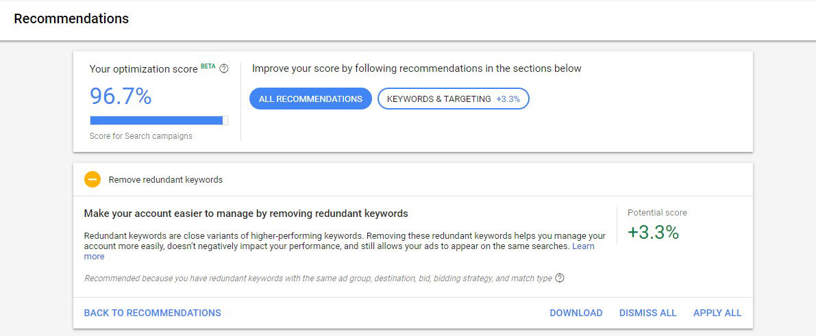 recommandations de taux d'optimisation