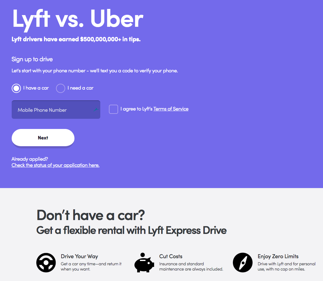 rekrutmen halaman arahan pasca-klik Lyft