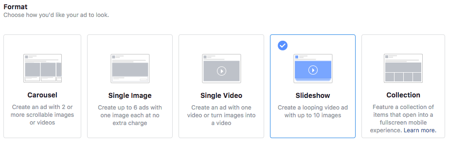 Selección de formato de presentación de diapositivas de Facebook