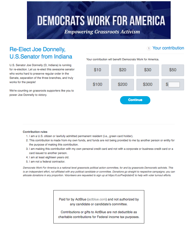 Joe Donnelly 選舉點擊後登陸頁面