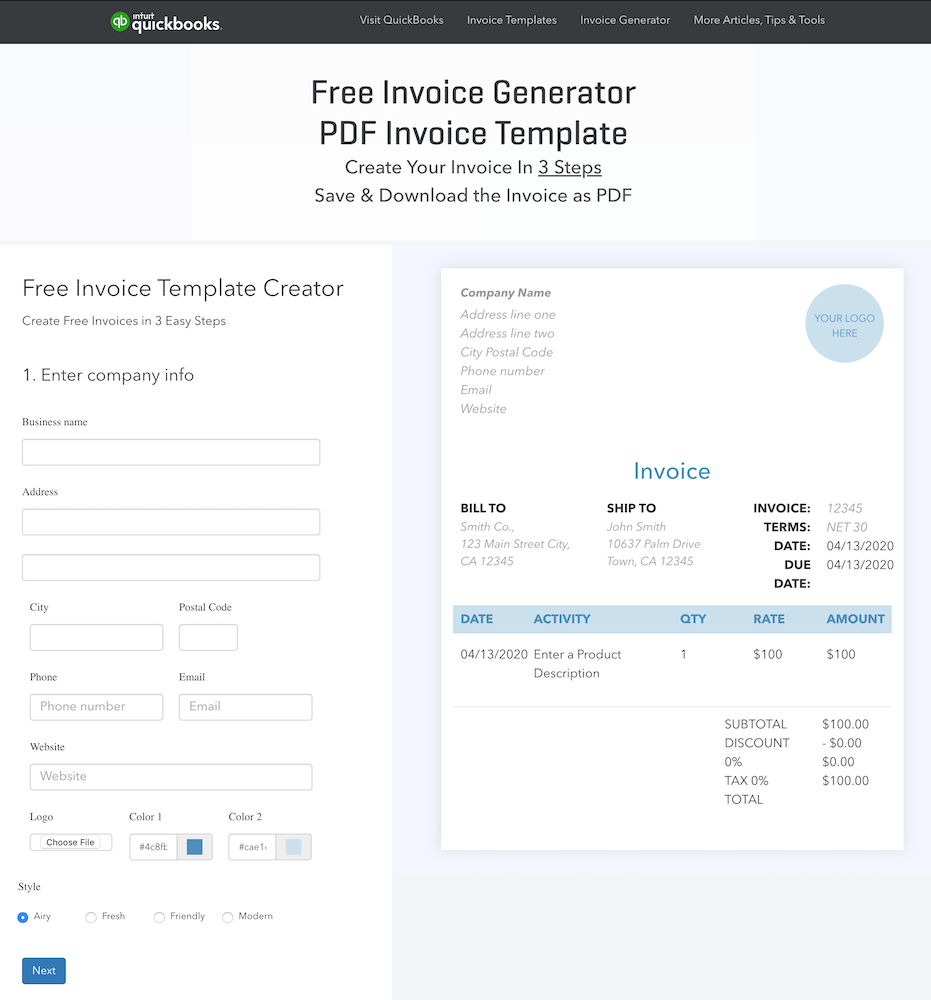 contoh klien faktur QuickBooks