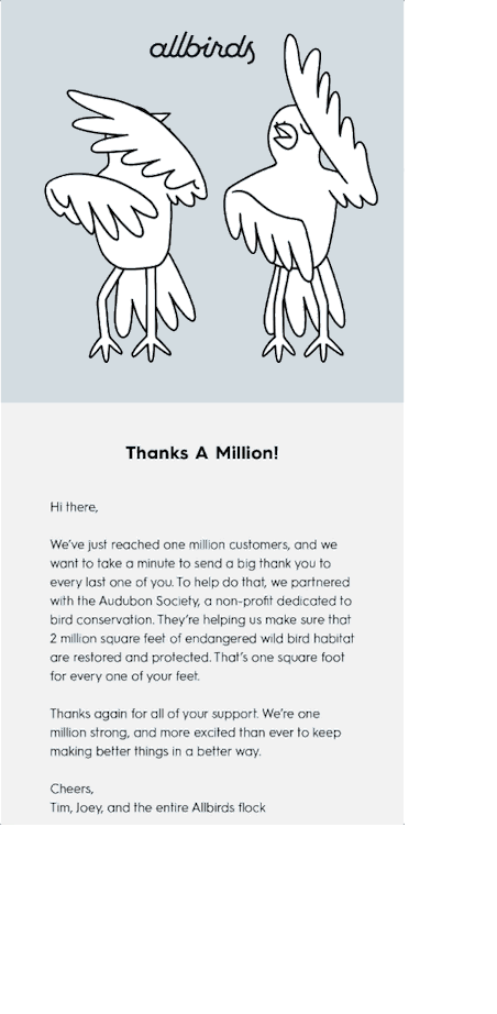 e-mail de apreciere a clienților Allbirds