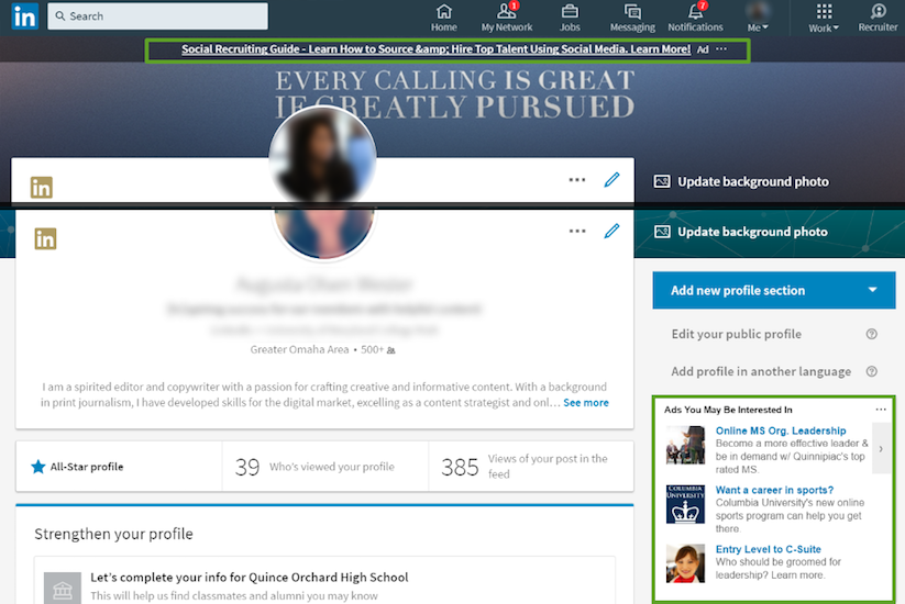 Margin kanan iklan teks LinkedIn