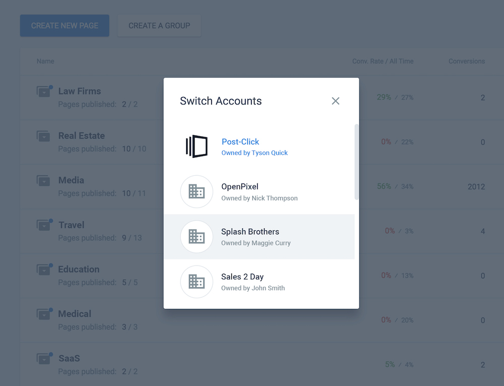 Comptes principaux d'agence Instapage