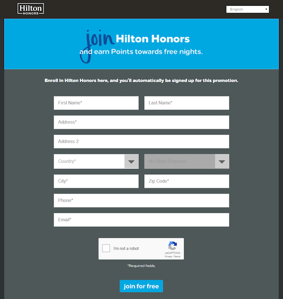 ospitalitate după clic pe pagina de destinație Hilton