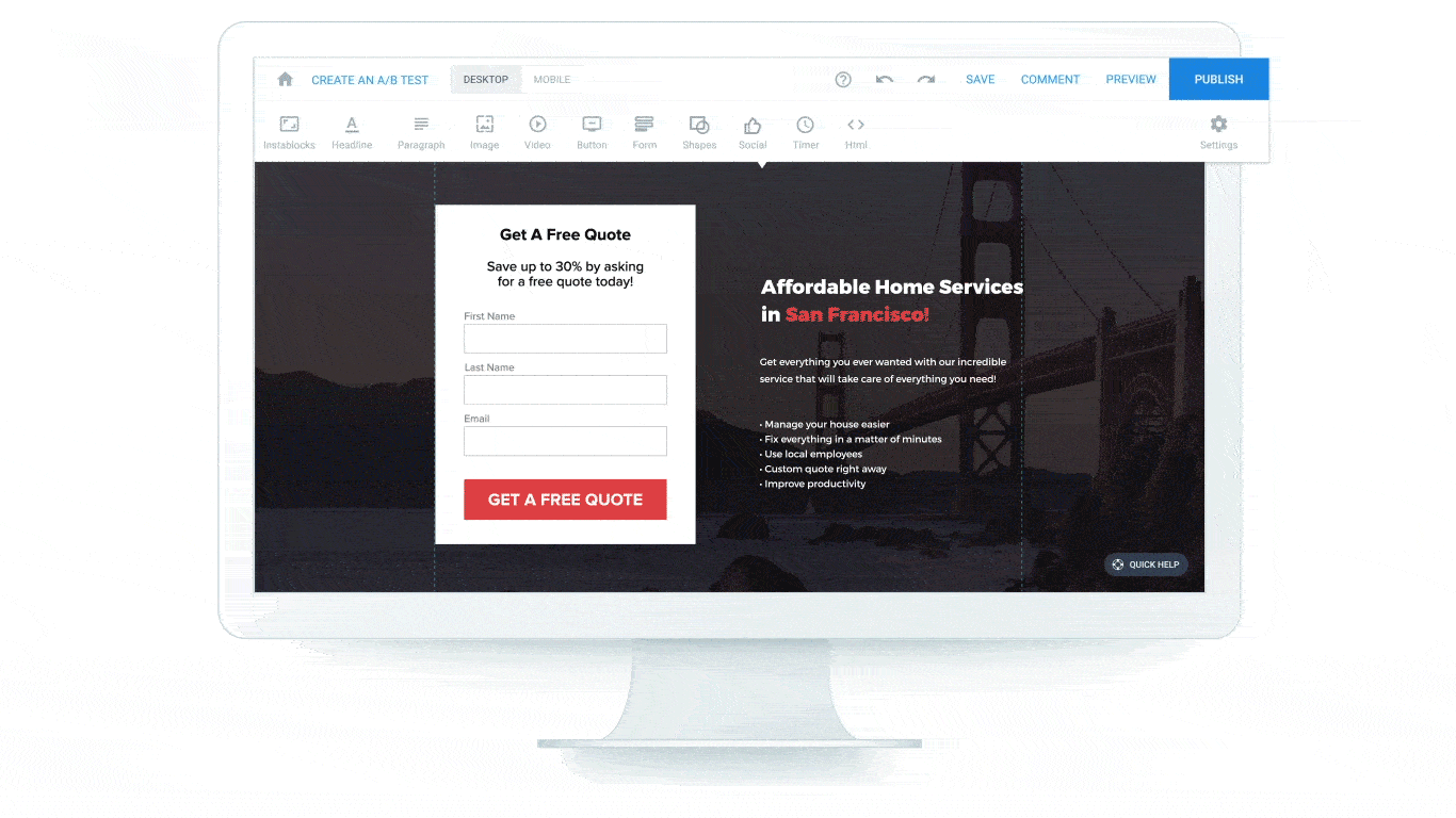Домашняя страница A / B-тестирования Instapage Builder