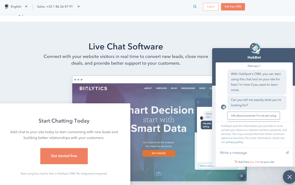 personalizzazione dell'e-commerce HubSpot live chat
