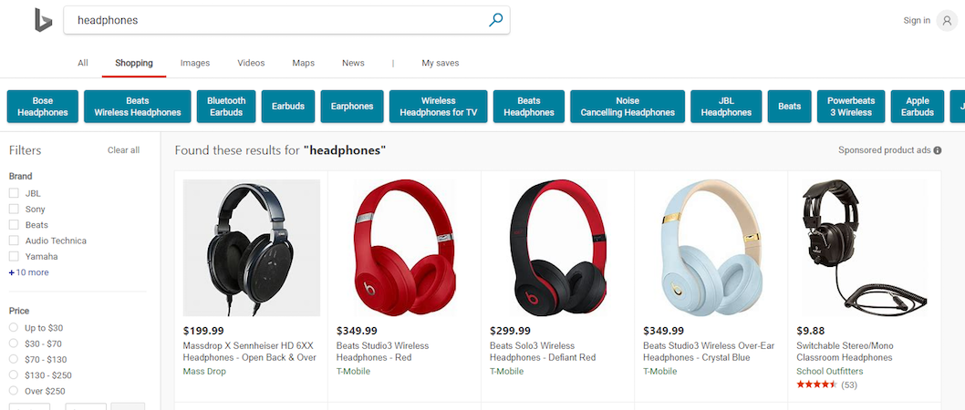 Bing製品リスト広告ショッピングタブ