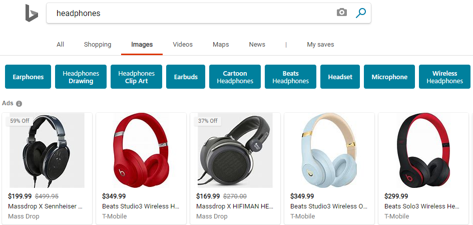 Bing製品リスト広告画像タブ