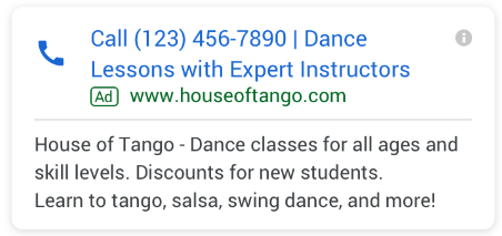 مثال على إعلانات للاتصال فقط من Google