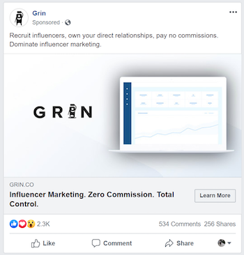 Beispiel für Facebook-Anzeigen für E-Commerce-Influencer-Marketing
