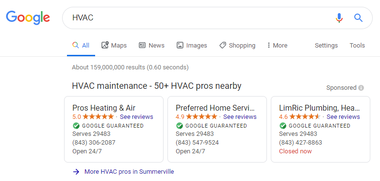 Beispiel für lokale Serviceanzeigen für HLK